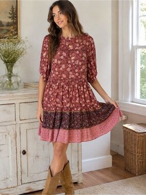 Knox Rose Floral Boho Tiered Dress Size Medium